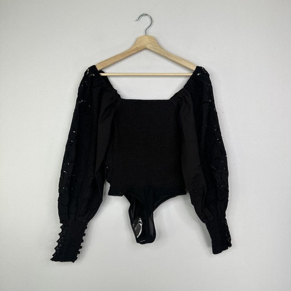 Free People Intimately Regina Eyelet Bodysuit Black XS Broderie Floral - Picture 9 of 11